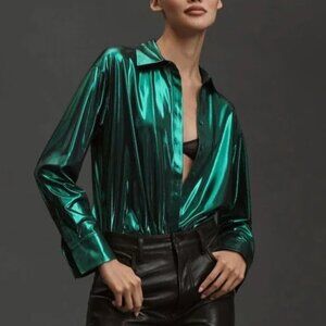 Anthropologie Shiny Green Button Up